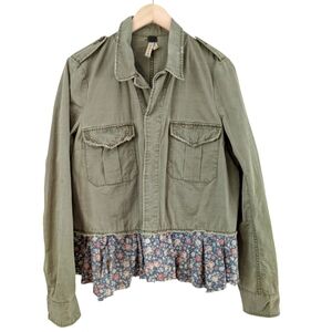 Free People Olive Green Utility Jacket with Blue Floral Hem